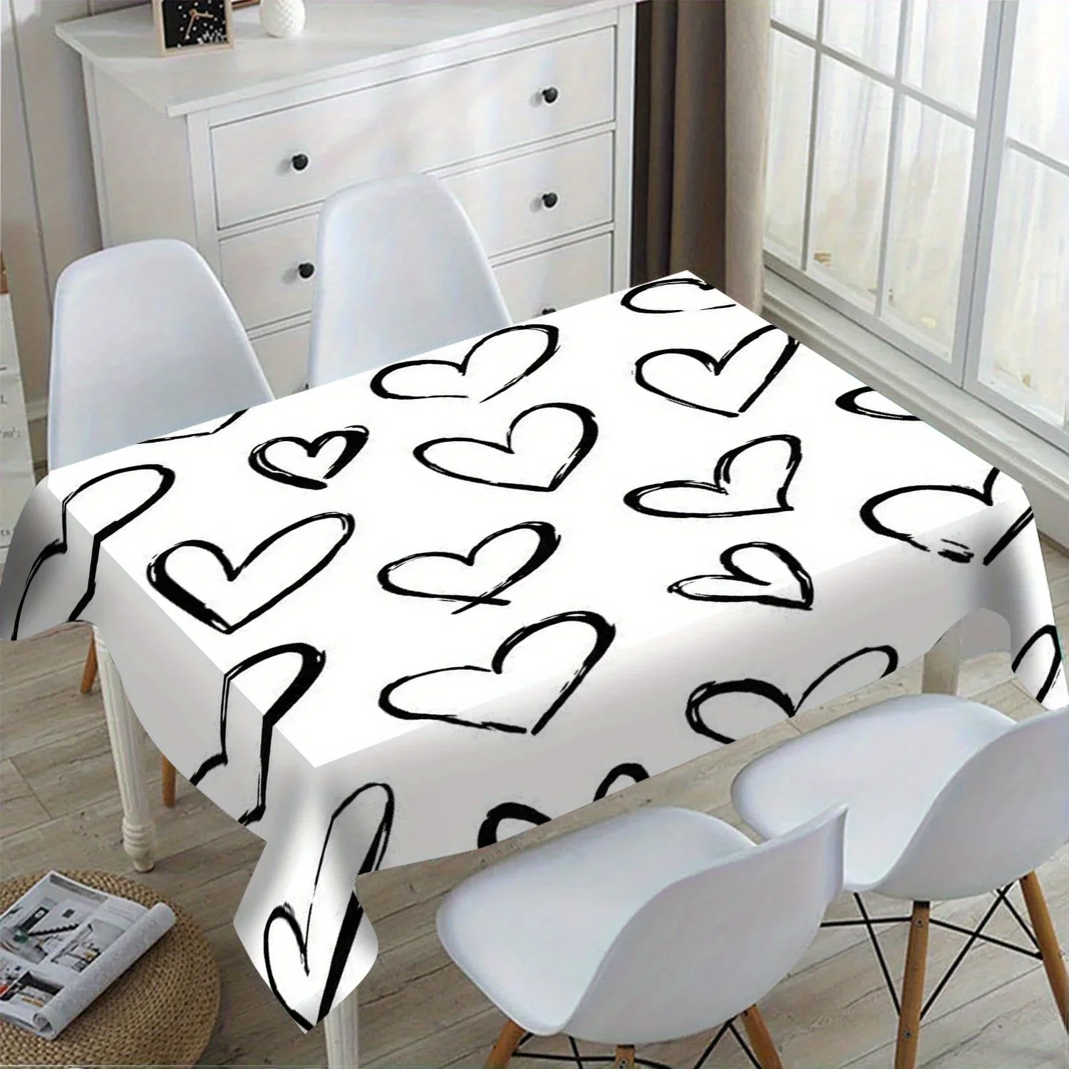 black and white heart-shaped graffiti tablecloth - Decorate your personalized dining table - Polyester fiber tableclothxzj