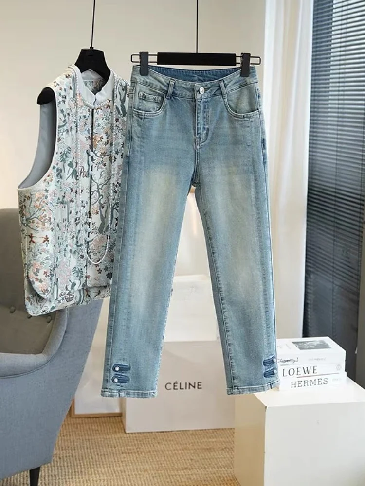 

Женские летние джинсы Slim Fit прямого кроя с высокой талией, из смесового хлопка, на молнии, синие, для фигуры типа «груша»