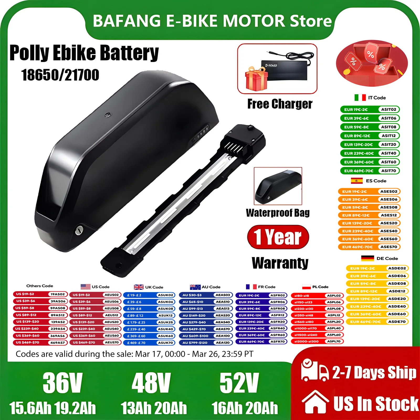 4Pin Polly Ebike Battery 36V 48V 52V Mountain Bicycle 18650 21700 Electric Bateria Pack for Bafang 1000W 750W 500W 250W