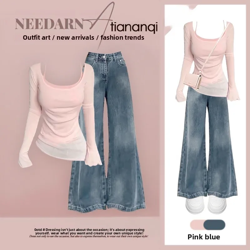 

Pink Slimming Long Sve Faionable irt And Jeans Two-Piece Set Spring Design Versatile Sli Anti-Aging Trendy Outfit