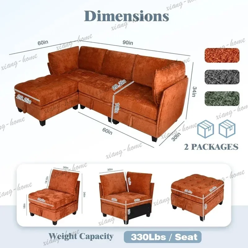 FG Oversized L‑Shaped Chenille Convertible Sectional Sofa, Under‑seat Storage, Extra Deep Wide Seats, Living Room Use, Customiza