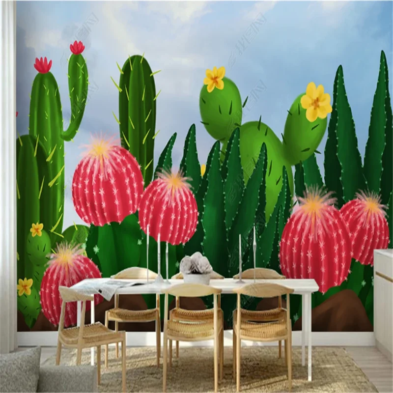 

Nordic Minimalist Wallpaper For Living Room Hand painted Small Fresh Plant Cactus TV Background Wall Paper Home Decor Mural