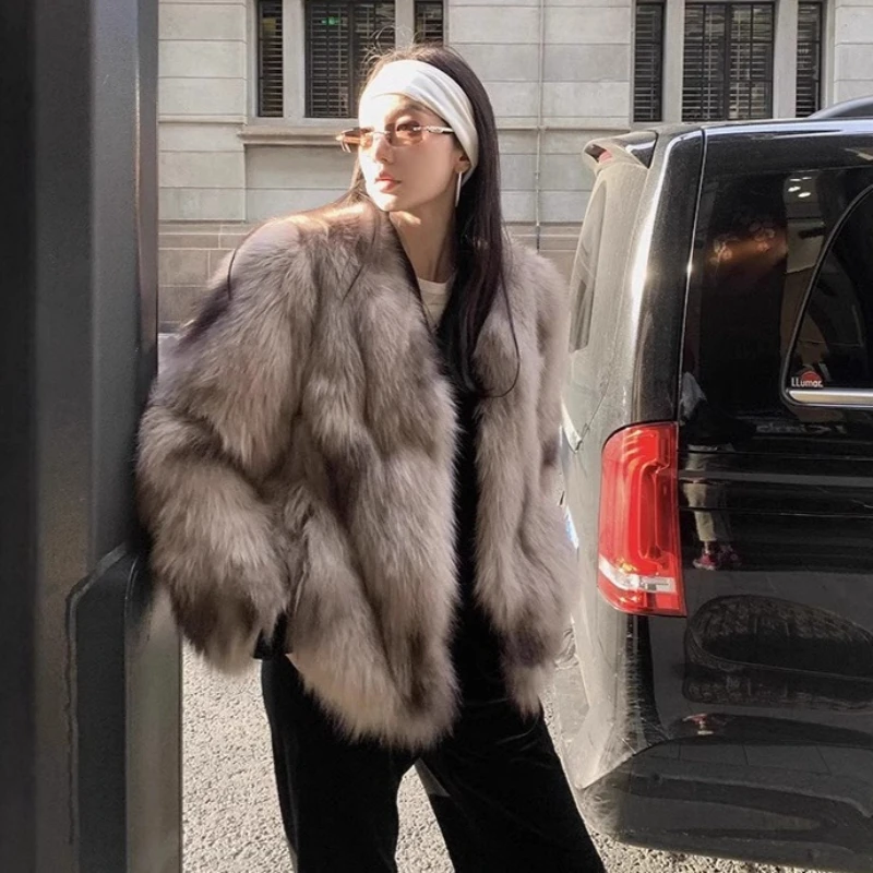 

Women Faux Fur Coats Solid Fur Jackets V Neck Long Sleeves Open Stitch Thick Warm Fur Loose Fit Casual Office 2025 Autumn Winter