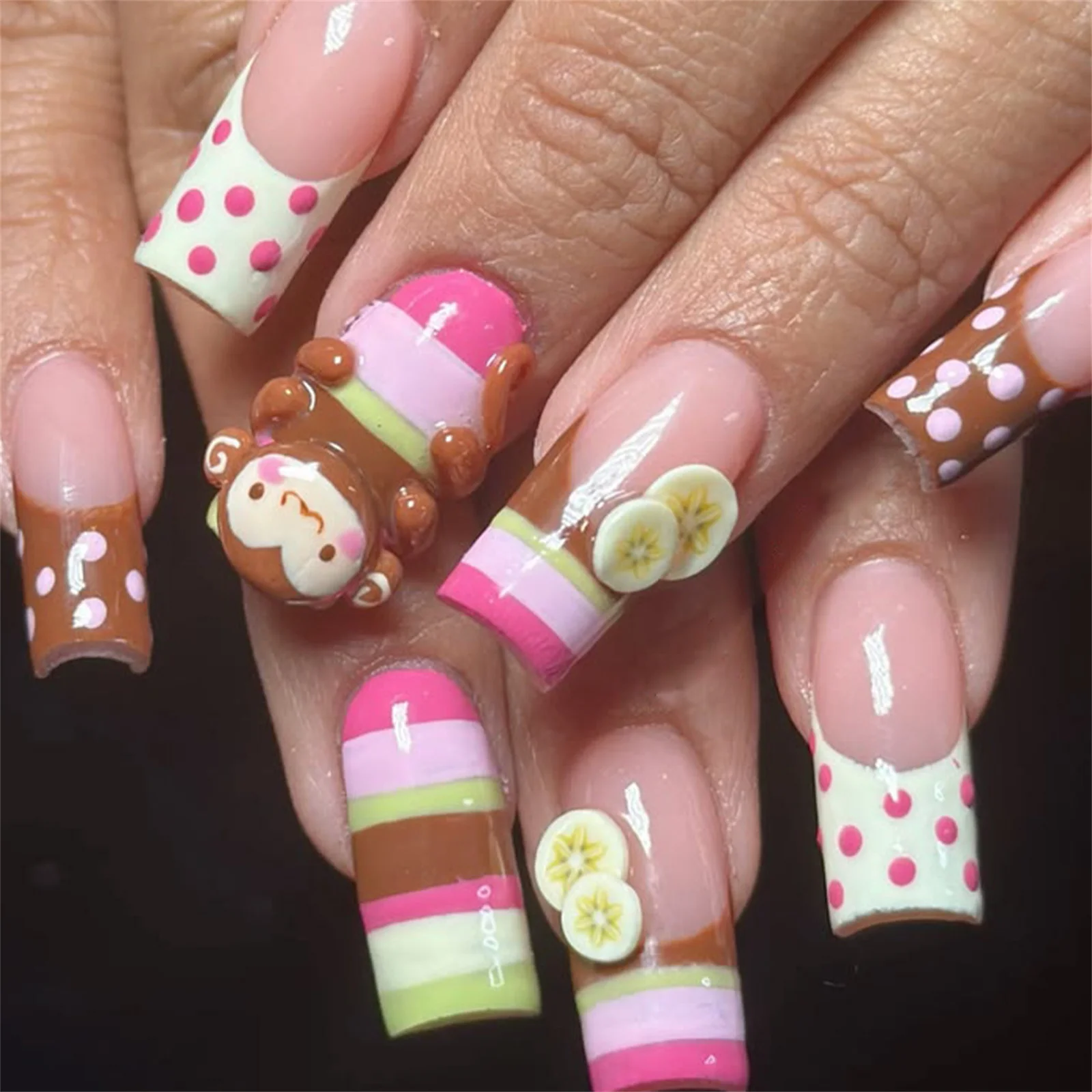 Women's Press On Nails Cute Cartoon Monkey Banana Pattern Macaron Color Stripes Reusable False Nails for Party Holiday Wear