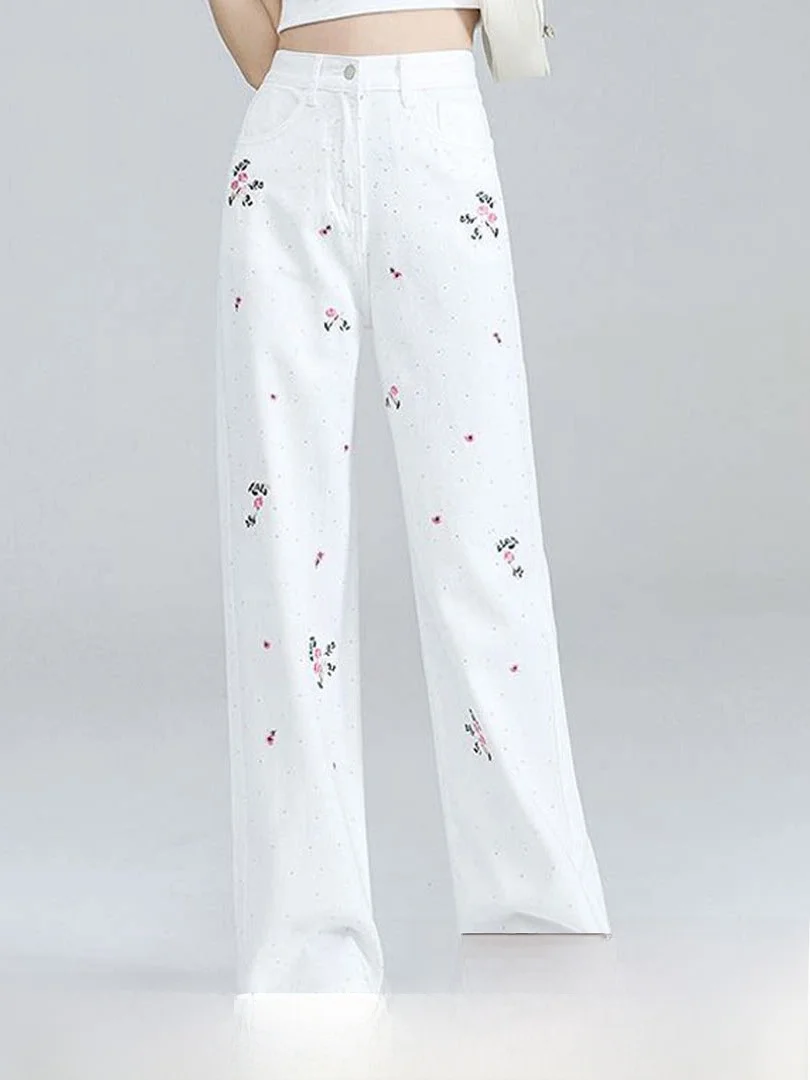 Floral Wide Leg Denim Jeans High Waist Loose Fitting Slimming Floor Length Straight Cut Pants for Women Summer New plus Size