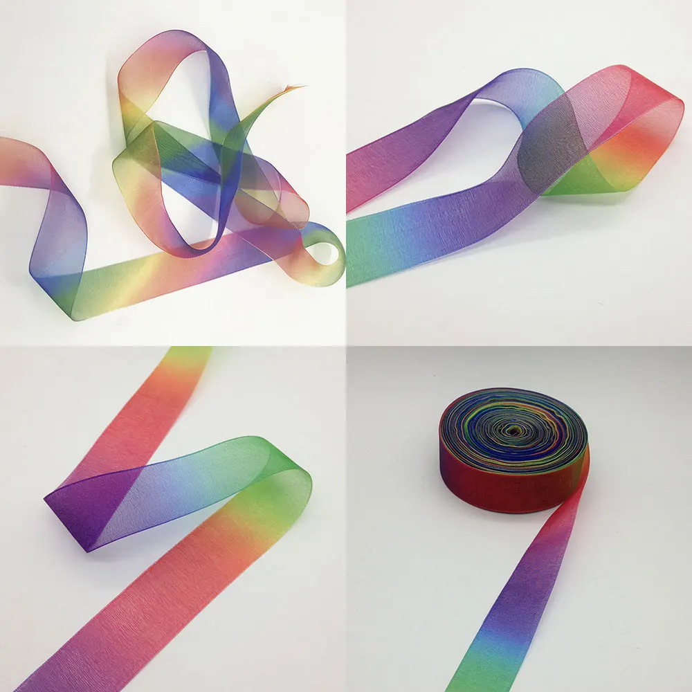 10 Yards/Lot Allmähliche Regenbogen Streifen Organza Band Geschenkverpackung Blumenstrauß Verpackung Liefert Weihnachten Party Dekoration Materialien