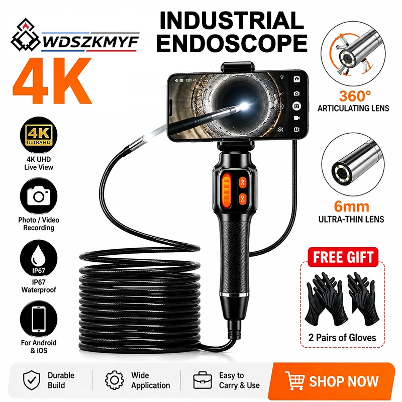 360° Rotatable Articulated Endoscope Camera 4K UHD IP67 Waterproof Borescope Inspection Camera Car Engine Check For IOS Android