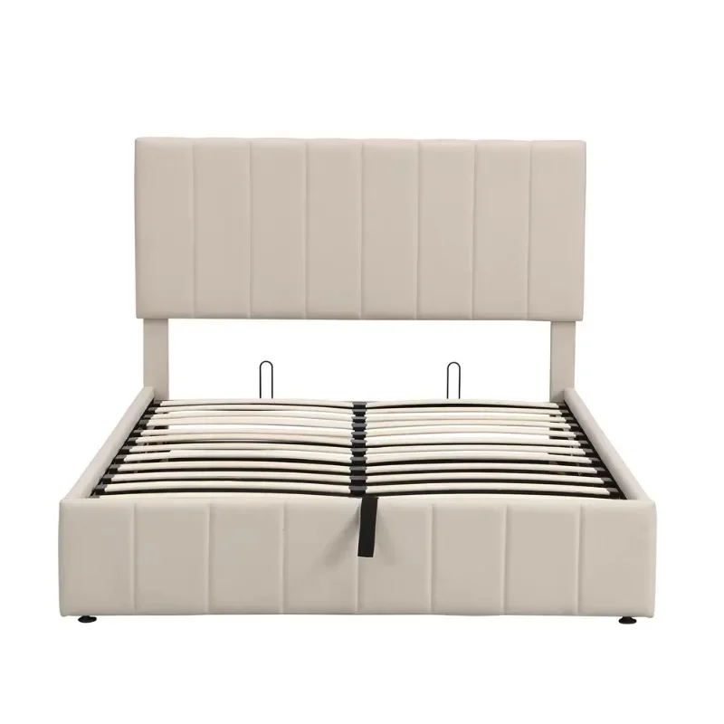 Modern grey wooden platform double bed frame with lifting storage, no springs required, queen bed base frame with headboard