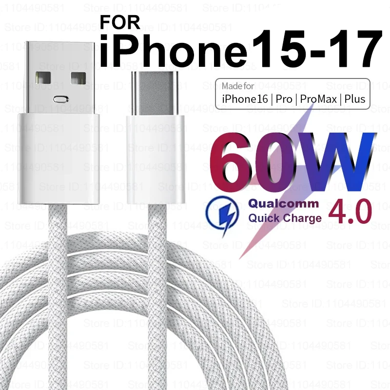 Original 60W USB Fast Charger Cable For Apple iPhone 17 16 15 Pro Max USB Type C Phone Quick Charging For Xiaomi Samsung Cable