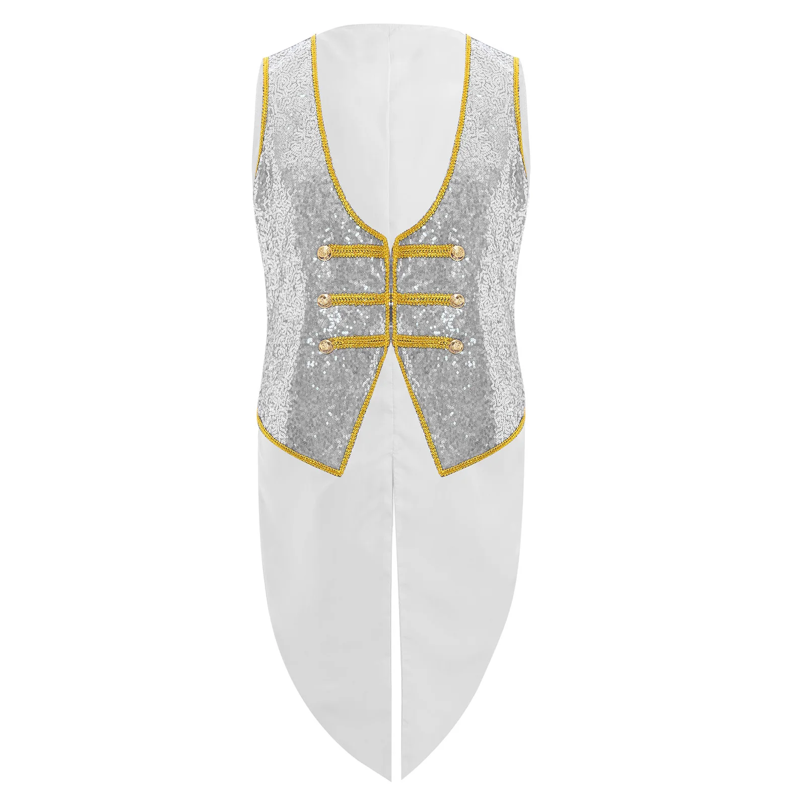 남자 반짝 이는 스팽글 Ringmaster Tailcoat 조끼 양복 조끼 할로윈 테마 파티 롤 플레잉 의상을위한 골드 트림 민소매 자켓