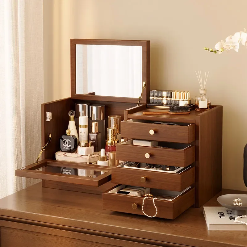 Solid wood cosmetics storage box, desktop perfume, lipstick shelf, dresser, large-capacity skin care product storage shelf.