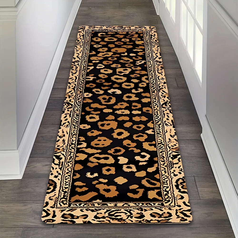 Leopard Print Border Long Runner Rug Absorbent Non Slip Mat For Hallway Bedroom Kitchen Home Supplies