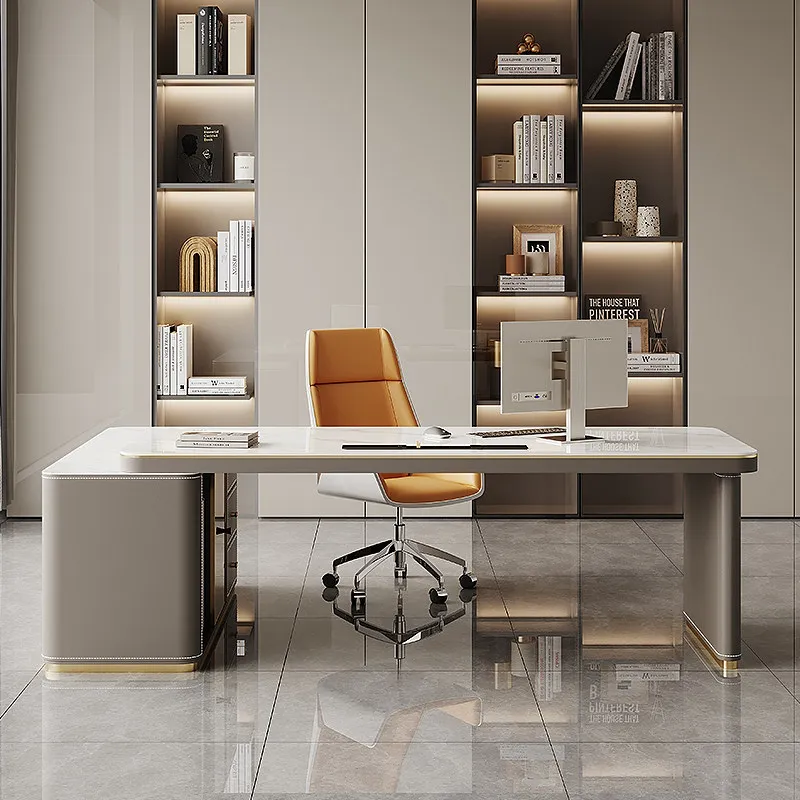Minimalist Large Surface Corner Office Desk Sintered Stone Top with Gold Trim Leather Cabinet Base Multi-Function Home Table