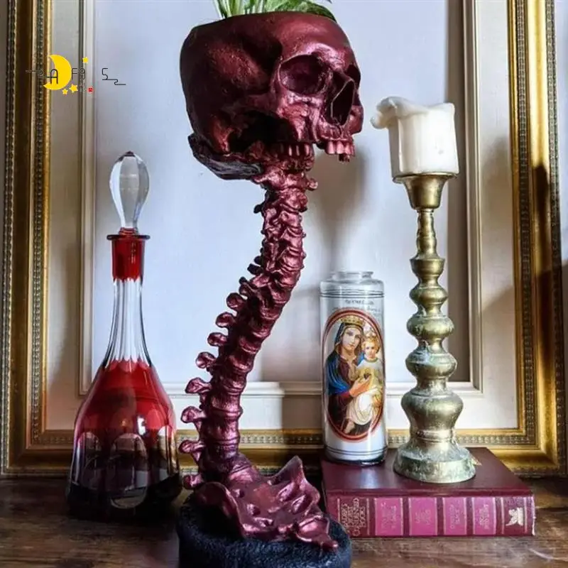 

AF95-Resin Skull Planter & Spine Stand Set, Polyresin Skulls Pot, Halloween Decoration Retro Human Skull Head Flower Durable Bla