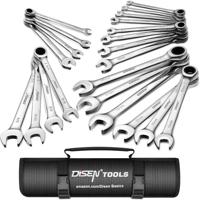 

22 PCS Ratcheting Wrenches Set, Combination Wrenches Set SAE & Metric Standard, 1/4" to 3/4" and 6-18mm Size, CR-V Steel,