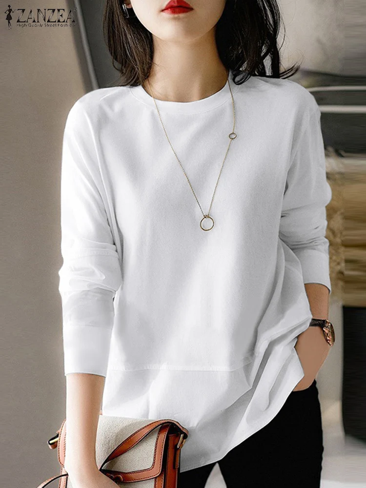 Stylish Women White Blouse Autumn Work Solid Shirt 2024 ZANZEA Casual O Neck Long Sleeve Patchwork Blusas Femme Tunic Tops Mujer