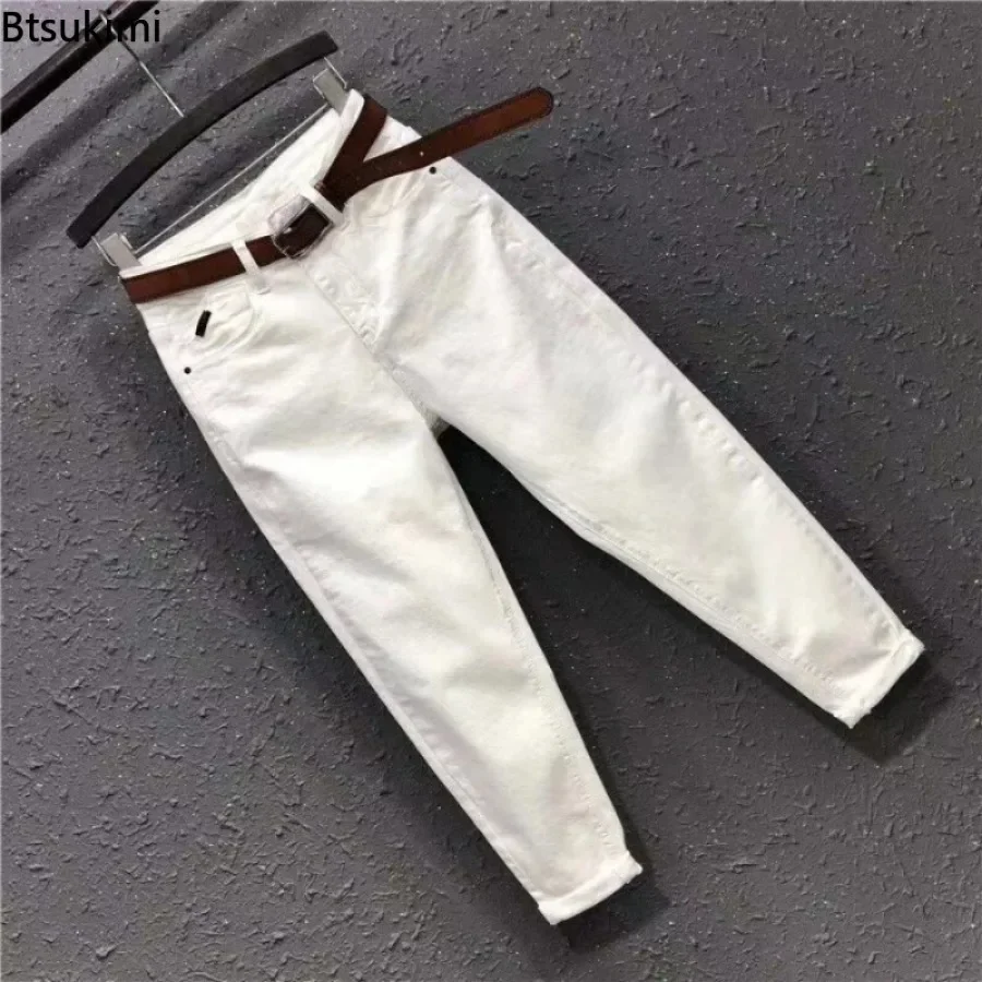 New 2024 Basic Women\'s Casual Jeans Pants Solid High Waist Harem Pants Female White Black Slight Strech Denim Pant Woman L-4XL