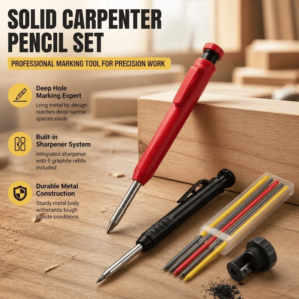 Carpenter Pencil Deep Hole Marker With Built-in Sharpener System Mechanical Scriber Woodworking Tool Durable Metal Construction Professional Architect Construction Marking Instrument Multi-Surface Versatile Carpenter Tool For Workshop Job Site Use