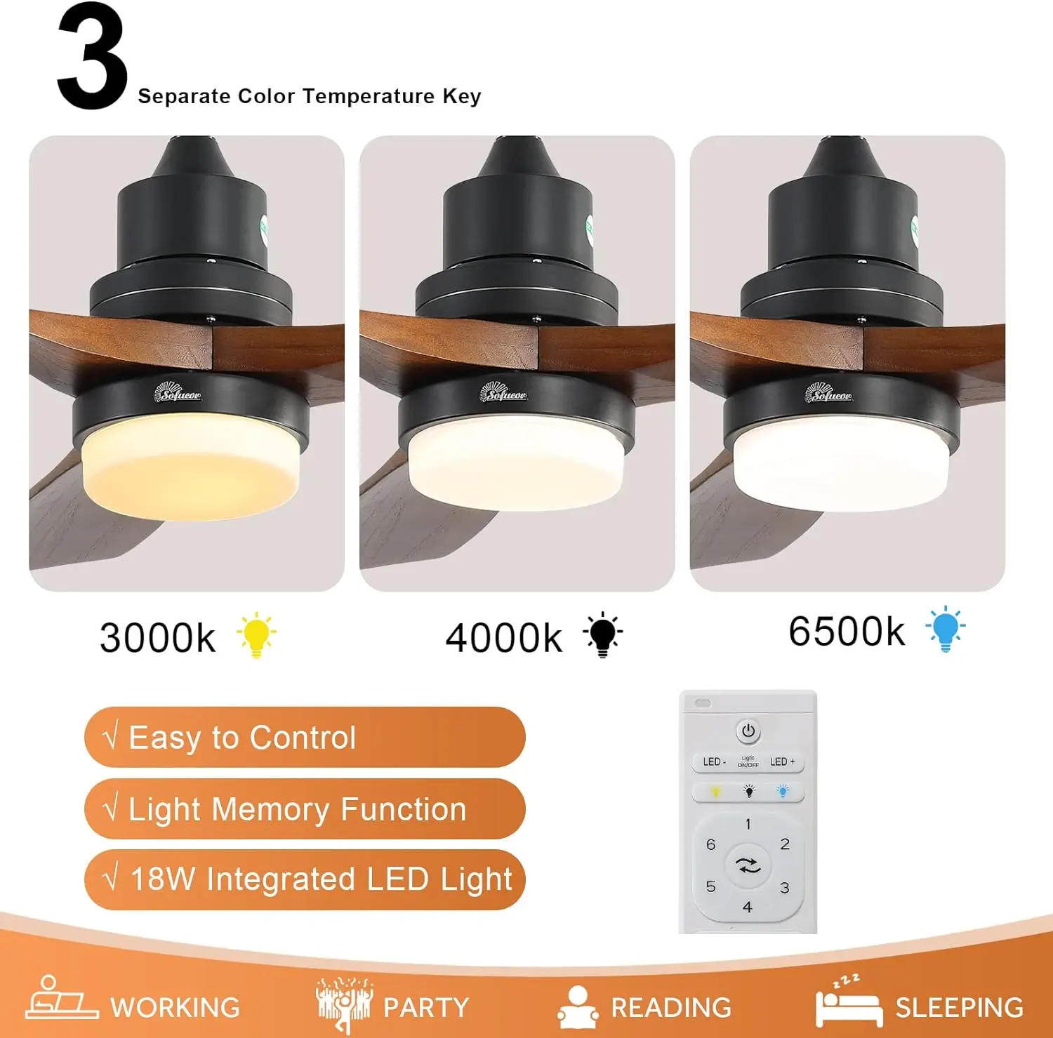 Kipas langit-langit dengan Remote kontrol lampu, 3 tiang untuk kipas langit-langit dalam dan luar ruangan dengan Remote, Motor ETL tanpa suara dapat dibalik