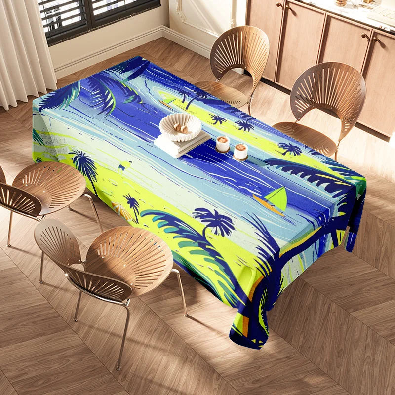 Modern Abstract Tablecloth Bright Blue Yellow Palm Tree Design for Dining Room Decorations Perfect Gift Idea