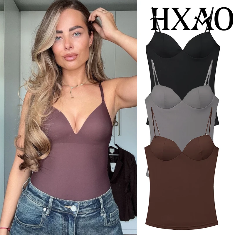 חולצות נשים HXAO קורסט קרופ טופ נשים ללא שרוולים שחור חום טופ עם רצועות קמיזול בודיקון אחורי סקסי טופים בוסטייר