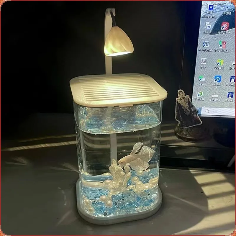 Tangki ikan Fighting Fish Special Ultra putih, tangki kaca malas kecil ruang tamu Dekorasi Desktop Kreatif lampu tampilan canggih