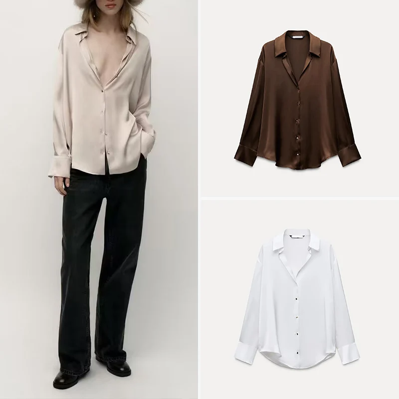 

Женский шелковый атлас Z Feel Long Sve irt, весенний новый топ с воротником-стойкой на одной пуговице, 2074580, полиэфирное волокно