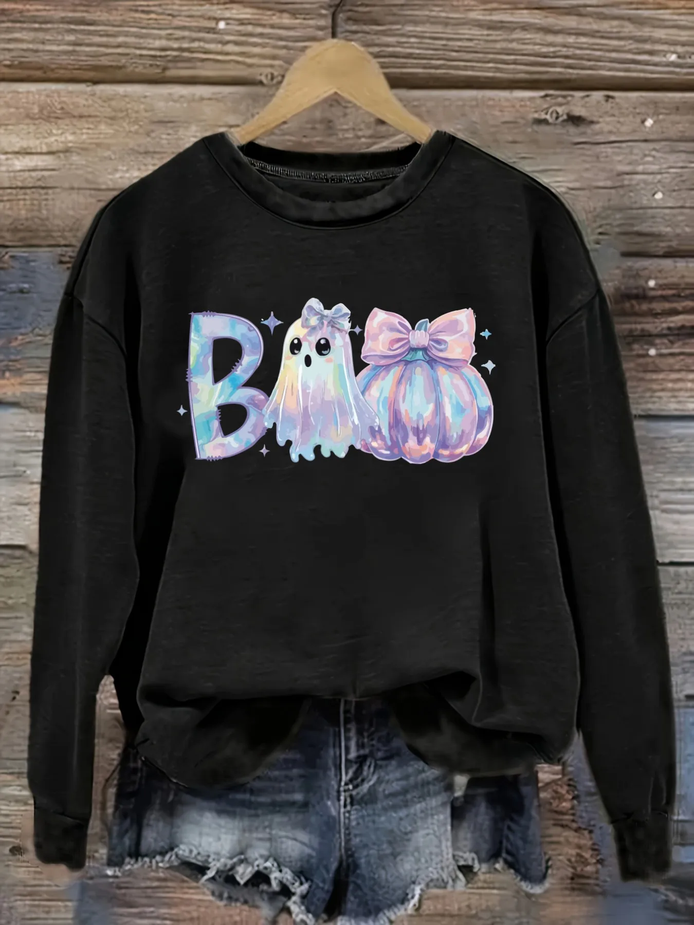 Women's Casual Long Sleeve Crew Neck T-Shirt Boo Ghost Pumpkin Watercolor Print Design, Round Neck Women's Clothing, Machine Washable, Slightly Elastic, Loose Fit, Spring Autumn Winter Women's T-Shirt, Halloween Costume Outfit