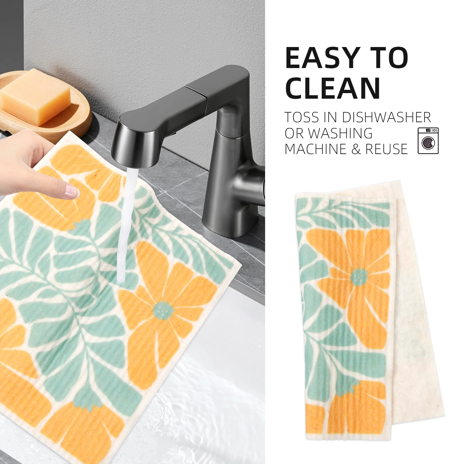 6 Pieces Swedish Kitchen Dishcloths Abstract Flower pattern wedish Reusable Absorbent Sponge Cloths Dish