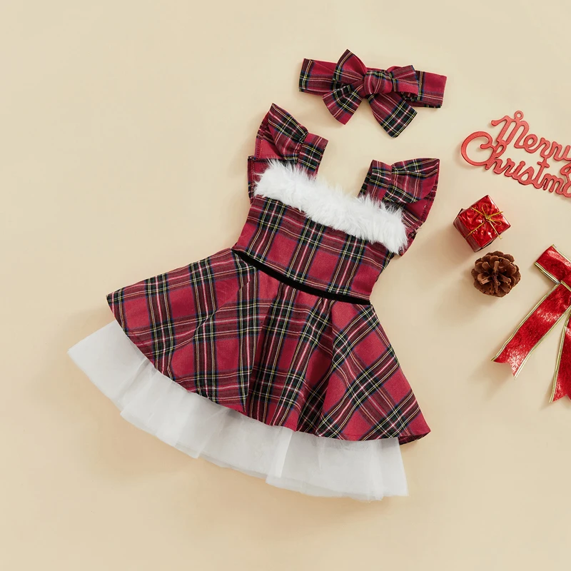 

Toddler Girls Winter Holiday Dress Set with Ruffled Sleeves Layered Tulle Skirt Plaid Pattern Matching Headband