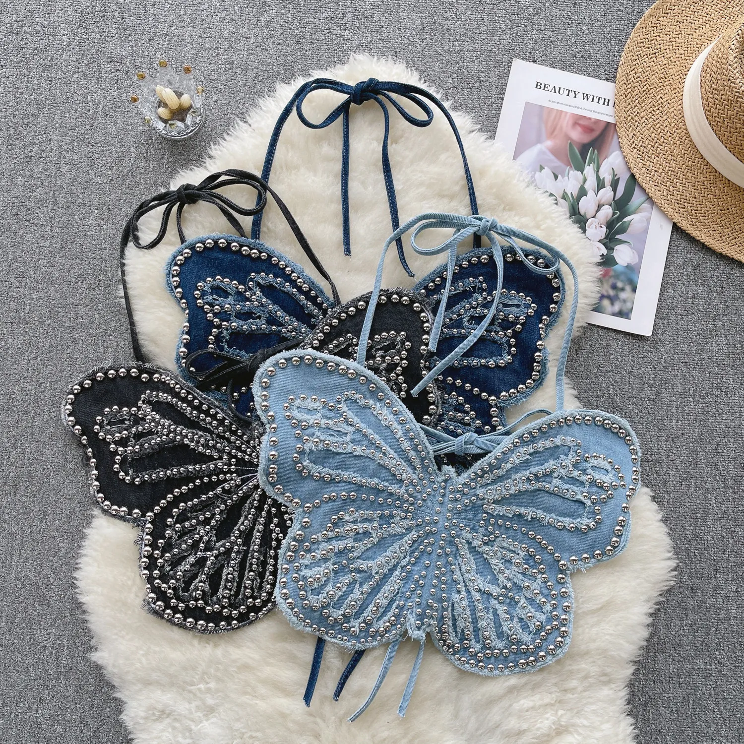 Chic halter Denim Rivet  Corset Bustier Sexy Camis  Fashion Tank Top Slim  Summer Women Party Cropped Streetwear