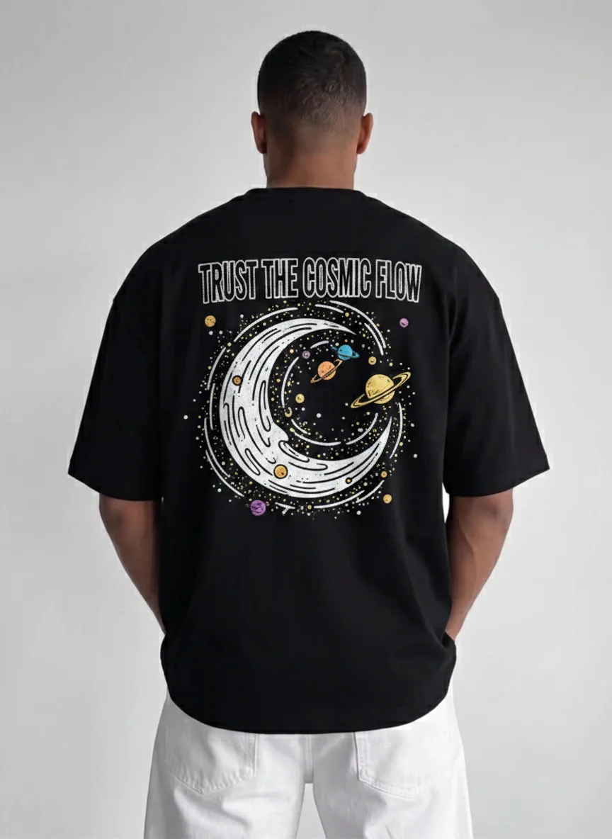 

Trust the Cosmic Flow Moon Swirl Graphic Tee Black Printed Tee Soft Cotton with Planets and Crescent Wave Design Casual Unisex