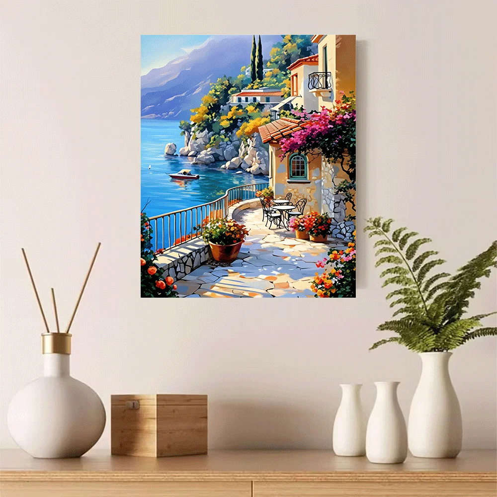 1PC-Canvas poster Unframed  Mediterranean Coastal Villa Scenic View Canvas Art Print  summer