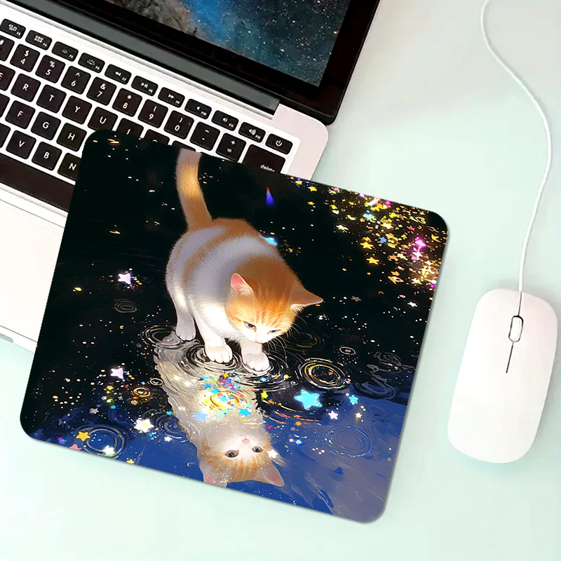 A Starry Sky Cat Reflection Square Mouse Pad Anime Animal Gamer Computer Accessories Keyboard Table Mat Gaming Laptop Office Mat