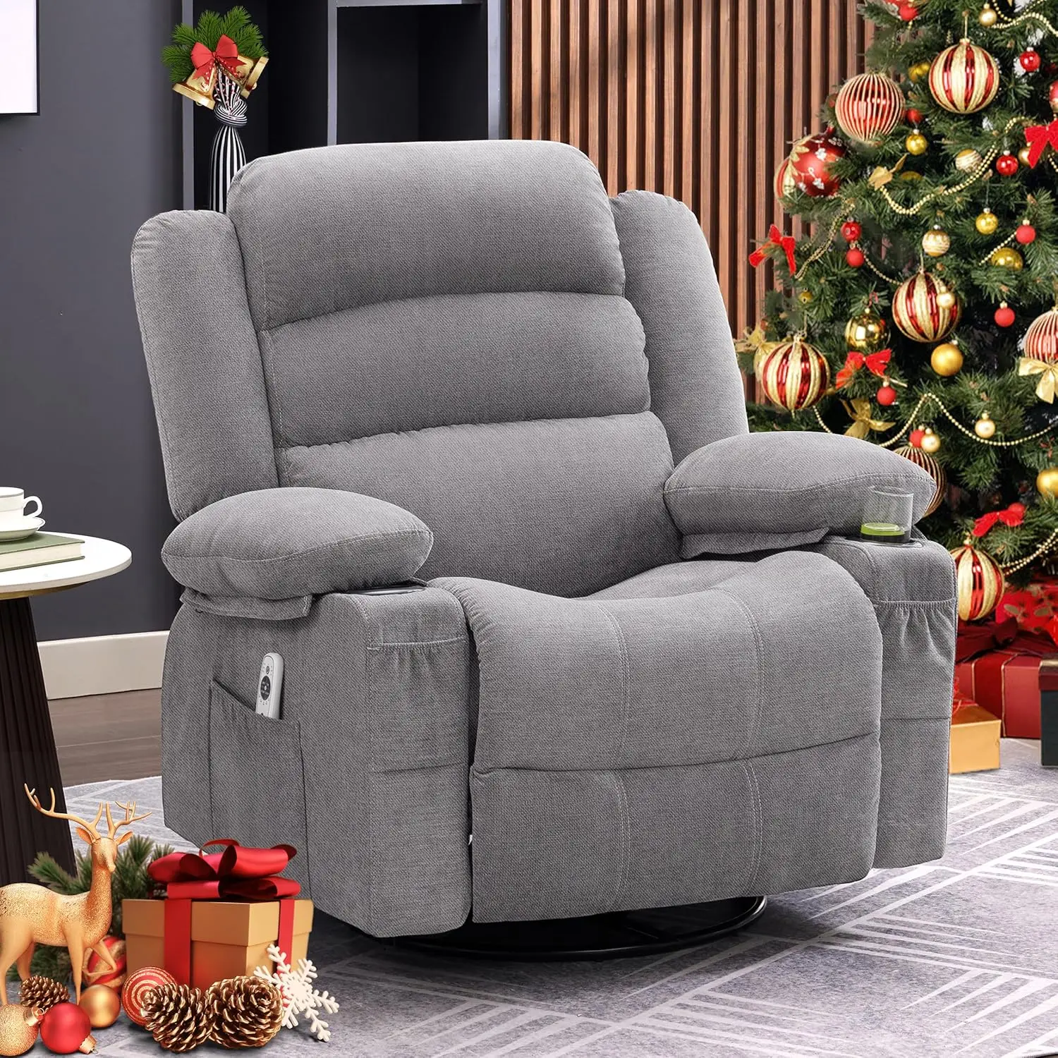 Rocker Recliner Chair with Heat and Massage, 360° Swivel , Oversized Recliner Single Sofa Seat ,Lazy Boy  Single Sofa Seat, Grey