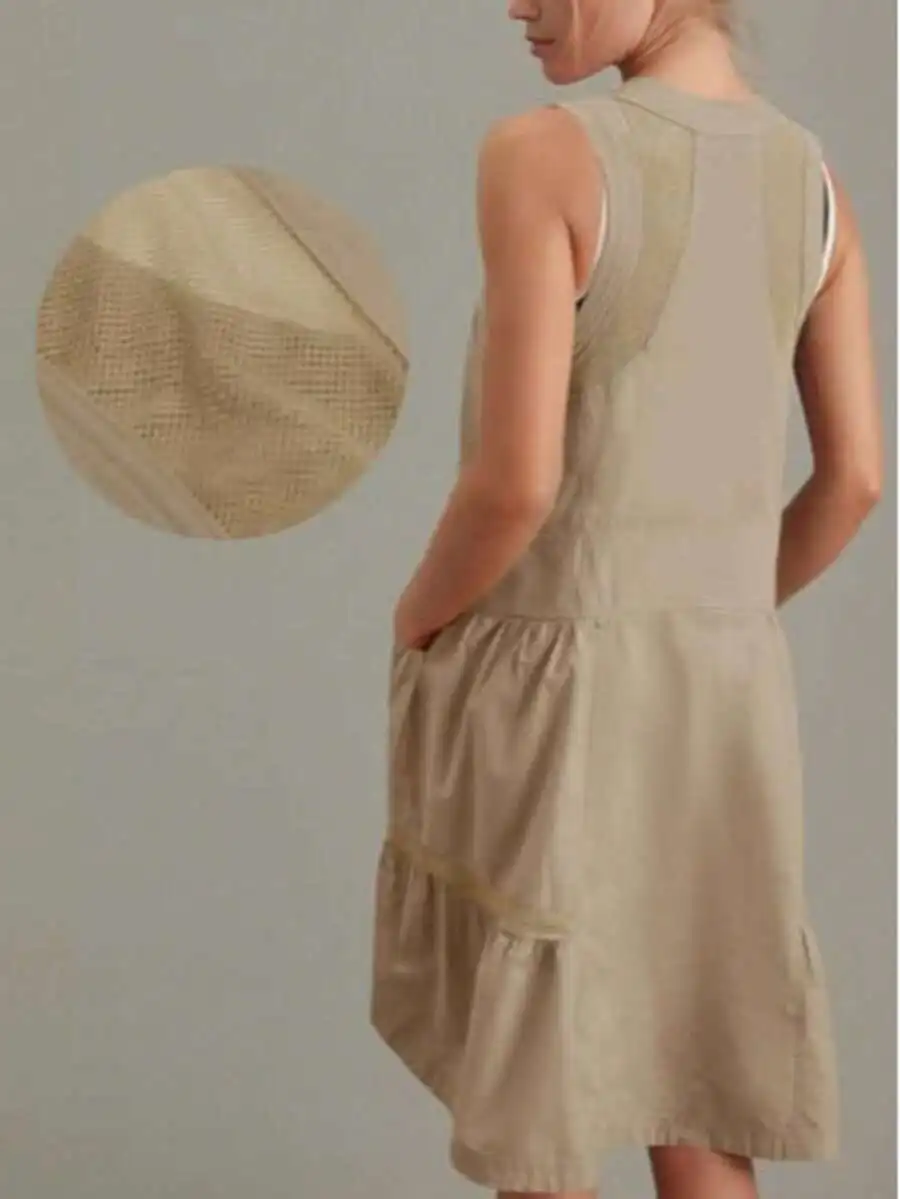 

Womens Sleeveless Utility Mini Dress With Mesh Back Pockets Half Zip V Neck Casual Summer Dress