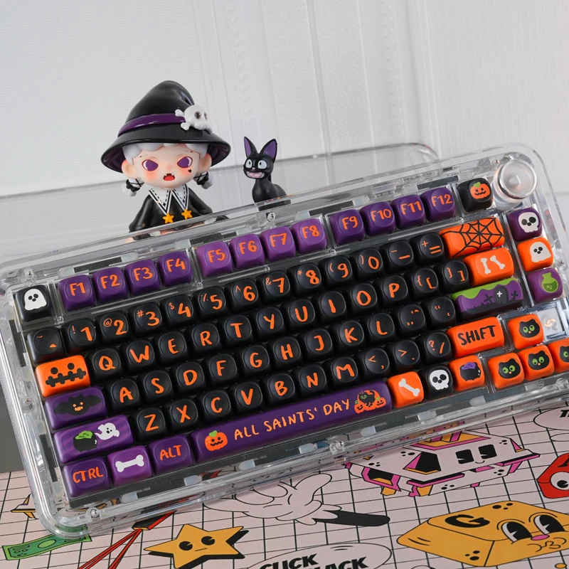 Halloween Theme Custom Keycaps,130 Keys MOA Profile Double Shot Cute DIY PBT Key Caps Set For Mechanical Keyboards 60% 75%