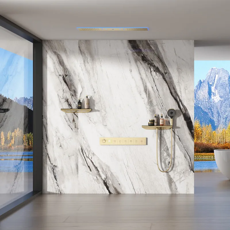 سعر المصنع الفاخرة تصميم دش المطر الحائط حمام الأمطار شلال دش مجموعة الذهب الأسود الحمام دش مجموعة مع الطائرات