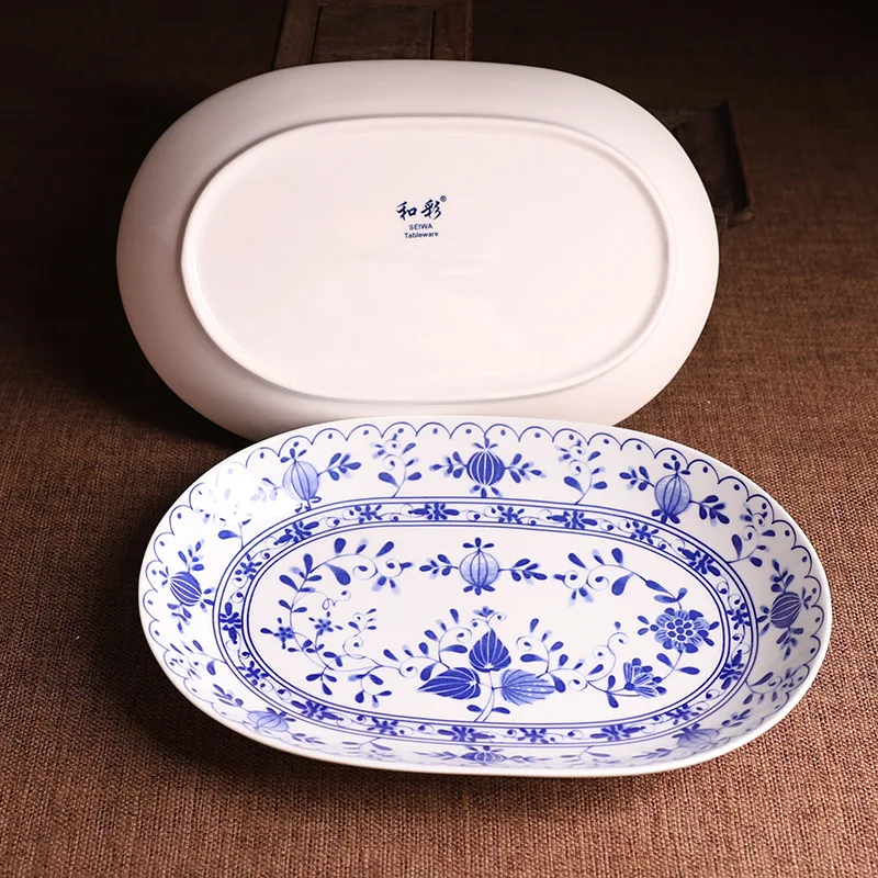 11inch Oval Steamed Fish Plate Blue And White Ceramic Long Plate Porcelain Dinner Plate Household Rectangular Tablewear