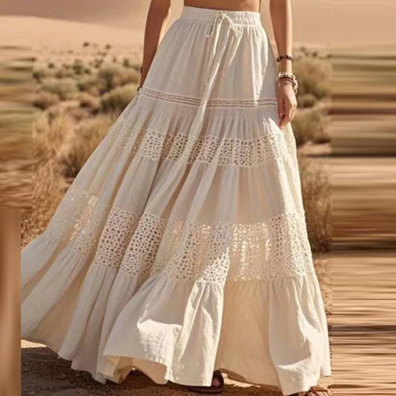 

Summer Solid Drawstring Two-piece Sets Sexy V-Neck Crop Tops & Long Skirts Suit Women Spring Hollow Crochet Holiday Beach Outfit