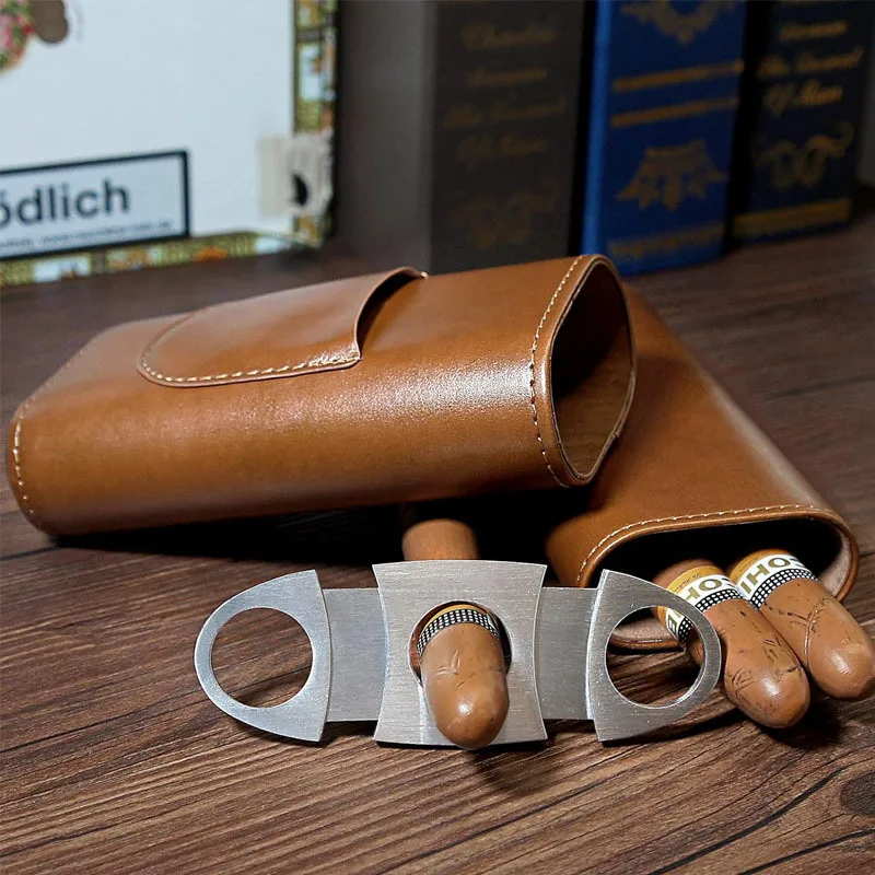 

Leather Cigar Case 3 Finger Cigar Pouch with Cedar Wood Lining Stainless steel cigar cutter Accessories