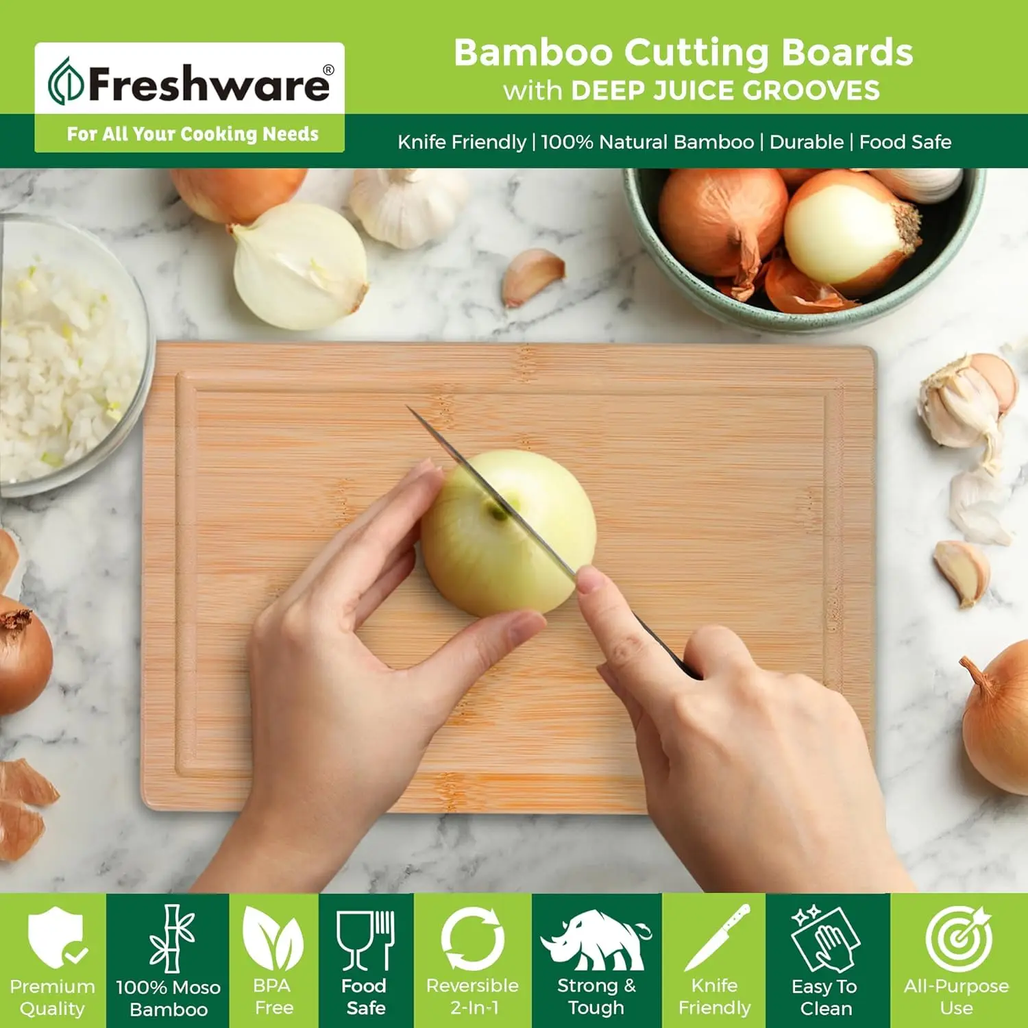 Bamboo Cutting Board Set of 3 with Juice Grooves for Kitchen, Chopping Boards for Meat and Veggie, Easy Grip Handle (9x6, 12x8