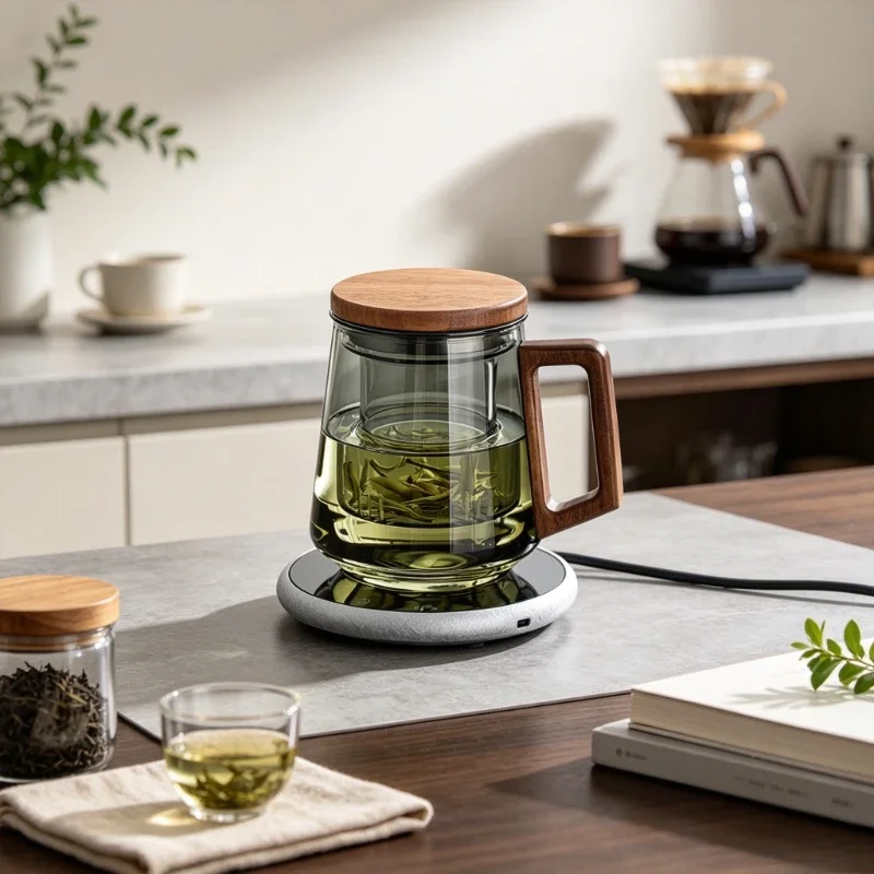 Tea Infuser Cup with Electric Mug Warmer Heating Base Tea Water Separation Set for Home Office Desk Daily Beverage Use 차 분리 컵 워머