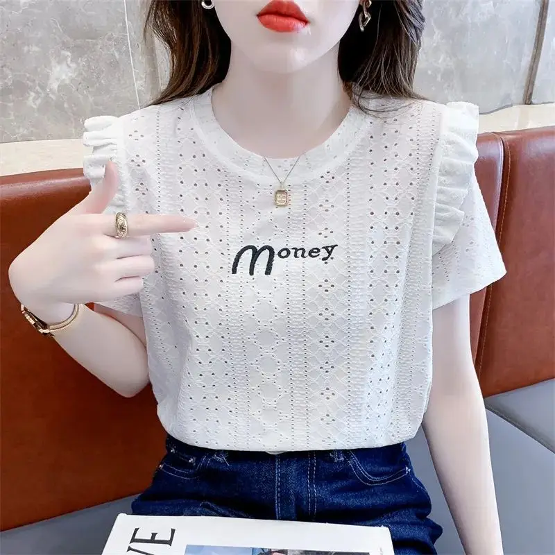 Ruffled Lace White T-shirt for Women Short Sleeve Clothes 2026 Summer New Letter Embroidery Hollow-out Crew Neck Tops