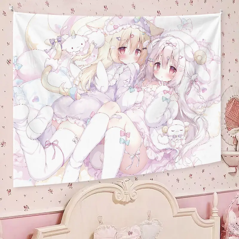Sweet Kawaii Pastel Cat Ear Anime Girls Wall Tapestry Lolita Bow Heart Art Wall Hanging Cute Manga Style for Dorm Bedroom Living