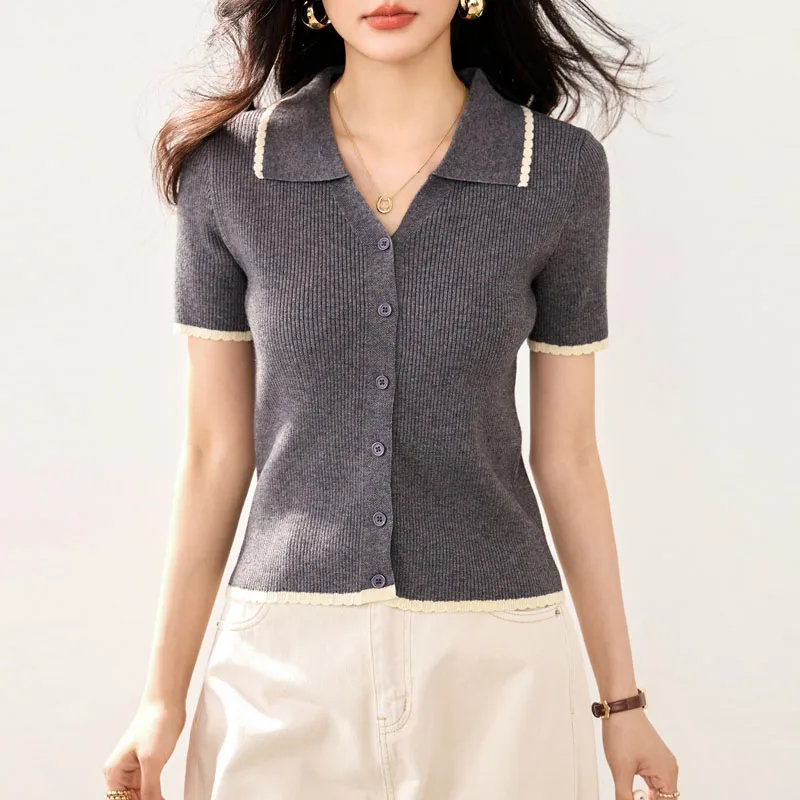 

Knitted Sweater Women Cardigans Turn Down Collar Spliced Knit Sweater Cardigan Women Tops New Summer Short Sleeve Sweaters Q4878