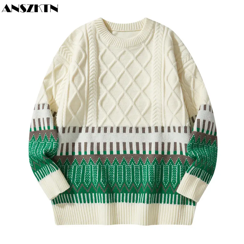 

ANSZKTN Autumn and winter new men's leisure fashion color matching jacquard personality all-match sweater knitted shirt