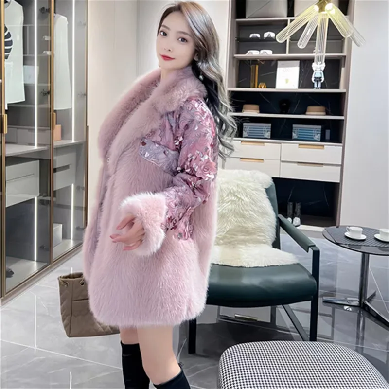 Jaket Slim Bulu Imitasi Serbaguna Fashion Panjang Sedang Terintegrasi Wanita Elegan Pakaian Musim Dingin 2025 Mantel Bulu Imitasi Payet Wanita