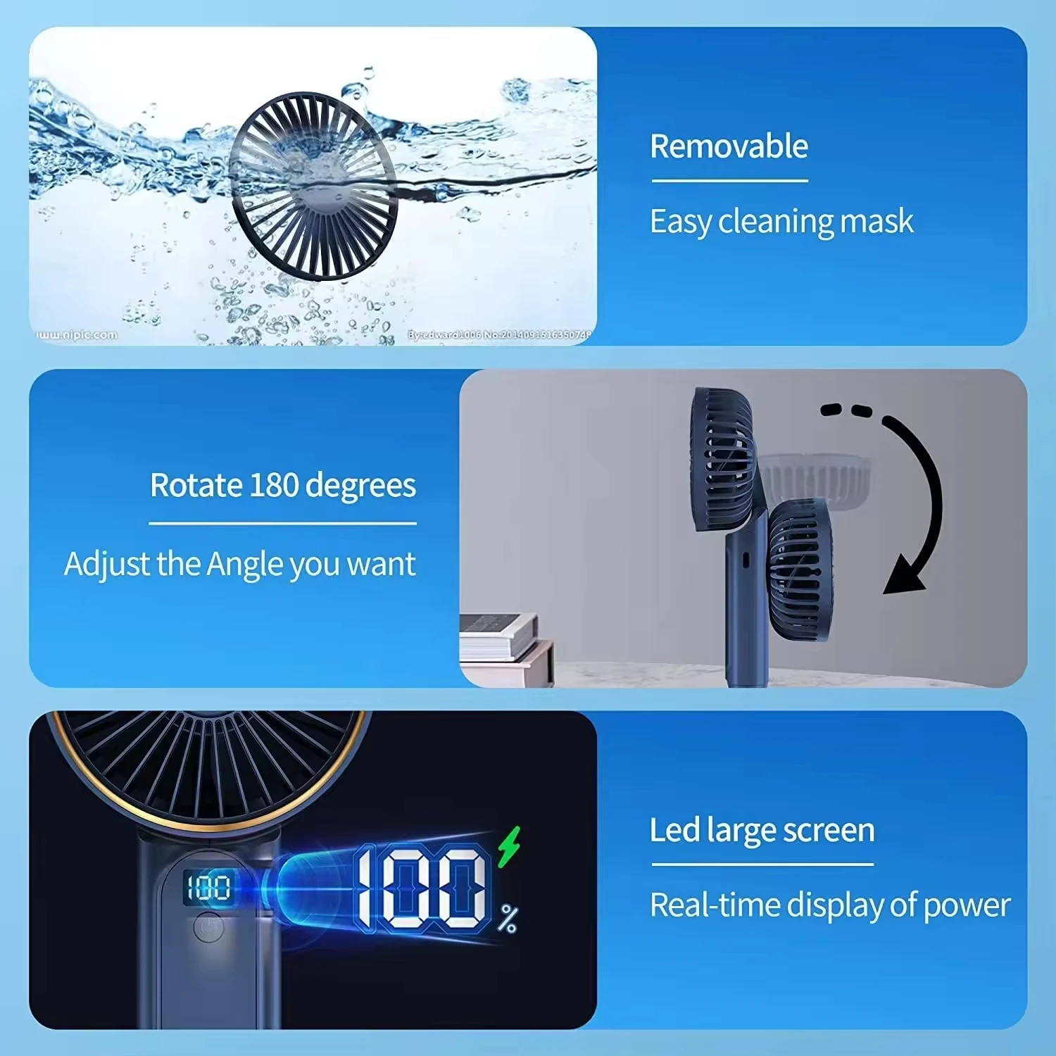 Foldable Handheld Fan 3 in 1 Handable & Standable & Wearable Mini Personal Cooling Fan with LED Display 3600mAh Battery 6 Speeds