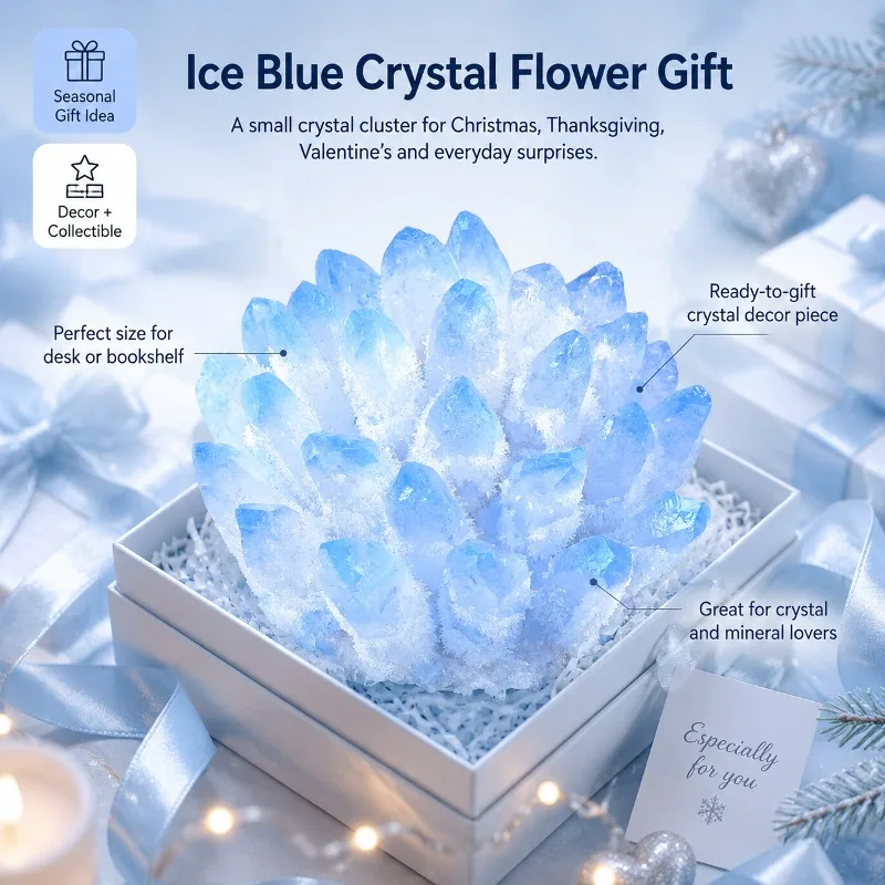Blue crystal cluster flower, mineral specimen, random style, suitable for home and office desk decoration, desktop landscaping, spring decoration, Christmas and Thanksgiving holiday gifts, crystal flower clusters for desktop display